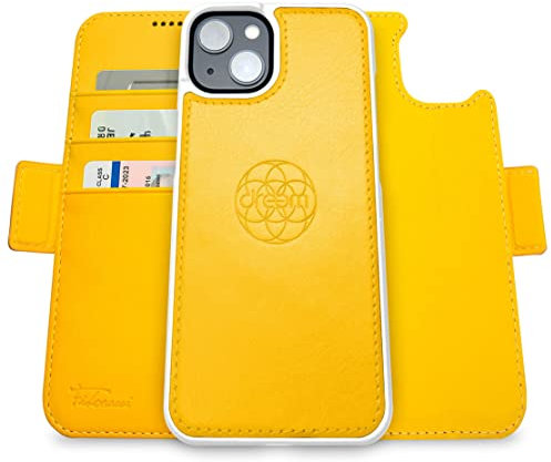 Dreem Fibonacci kompatibel mit iPhone 14 & iPhone 16e Brieftaschen-Etui / 3-in-1 stoßfestes Etui und abnehmbares Folio aus veganem Leder, MagSafe-kompatibel, RFID-Schutz [Gelb]