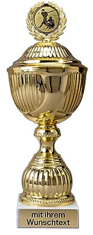 Deitert Pokal 12er Serie in Gold mit Deckel - 33 cm Trophäe mit Wunschtext graviert und Sportemblem nach freier Auswahl - Sportpokal mit Marmorsockel für Ihre Siegerehrung 59220