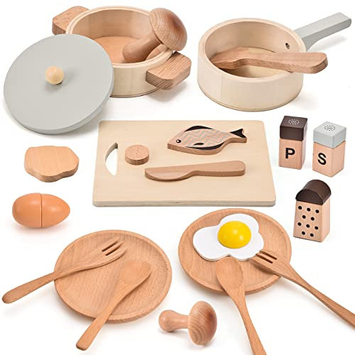 Atoylink Accessoires de Cuisine en Bois pour Enfants 21PCS Ustensiles de Cuisine Casseroles et Poêles Cuisine Jouet Dinette Jouet en Bois Jeu éducatif Cadeau pour Garçon Fille 3 4 5 6 Ans