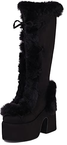 PAYDVOIER Donna Block Alto Tacco Chunky Stivali Punk Goth Caldo Pelle Inverno Snow Platform Stivali Mid Top Moto Stivali Classico Tall Ii Stivali Black Size 41