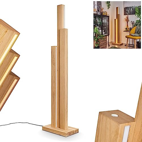 LED Stehleuchte Tejedor, dimmbare Stehlampe aus Holz/Kunststoff in Natur/Weiß, Bodenlampe im skandinavischen Design mit Tastdimmer und Fußschalter, Höhe 156 cm, 3 x 20 Watt, 5600 Lumen, 3000 Kelvin