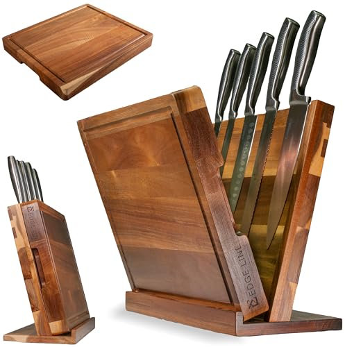 EDGE LINE Magnetic Knife Block Holder With Large 14 x 12 Inch Cutting Board, Premium Acacia Hard Wood Magnetic Knife Holder Rack for Kitchen Counter, 1.5 Inch Thick Butcher Block Cutting Board
