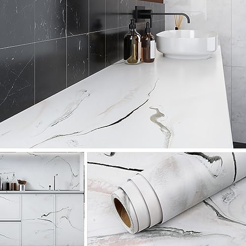 Livelynine Selbstklebende Tapete Marmoroptik Beige 40CMx10M Tapete Badezimmer Wasserfest Wand Schlafzimmer Selbstklebende Folie für Möbel Schrank Küchenrückwand Möbelfolie Weiß Muster Klebefolie Mamor