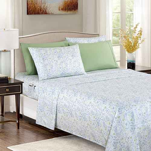 Elegant Comfort Softest and Coziest 6-Piece Sheet Set - 1500 Premium Hotel Quality Microfiber - Deep Pocket, Wrinkle Resistant 6-Piece Floral Bed Sheet Set, Queen, Anita Green