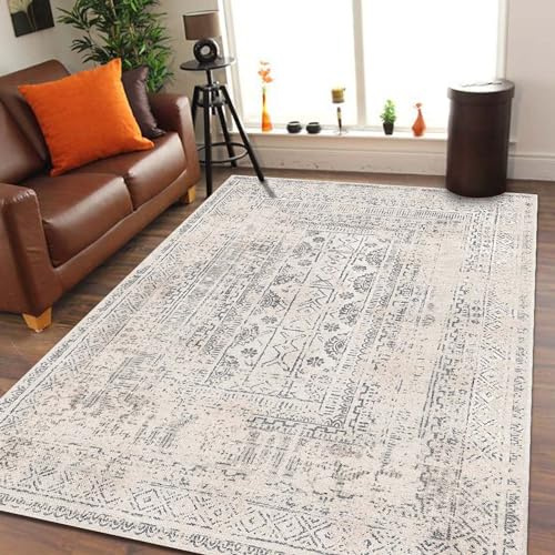 bamyum Duncan Waschbarer Vintage Bedruckter Teppich Chenille-Druck Maschinell Hergestellt 160 x 230 cm, Wohnzimmer, Schlafzimmer, Antibakteriell Antirutschunterlage Küchenteppich Beıge