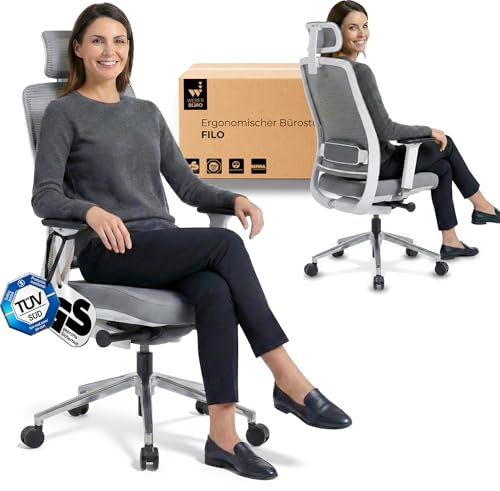 Bürostuhl | Filo 2.0 | Netzrücken, Grau | Premium-Synchronmechanik | Kopfstütze | 4D-Armlehnen | Lordosenstütze | bis 120 kg belastbar | Für Büro & Homeoffice