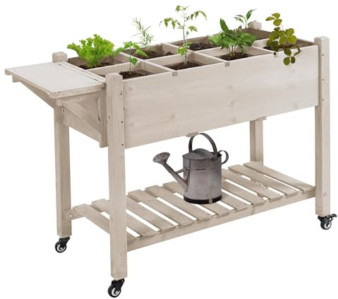 Outsunny - Jardinera sobre ruedas, estante abatible, insertos de riego, fieltro de drenaje incluido, madera de abeto pre-engrasado, dim. 123 x 54 x 87 cm
