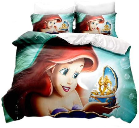 CHENGHUO Arielle Bettwäsche135X200,Girl Bettwäsche Geschenke für Kinder Meerjungfrau-Prinzessinnen Ariel Bettbezug,mit Kissenbezug, 3D Druck (E,135x200+80x80x1)