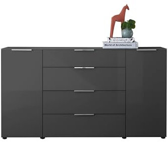 Stella Trading Sideboard Kommode SANTORIN Anthrazit 180 cm breit mit Glasfront, Schrank Korpus in Anthrazit mit Oberboden in Glas und Schubladen für Ihren Wohnbereich - 180 x 99 x 40 cm (B/H/T)