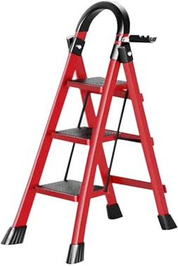 K IKIDO Escabeau pliable avec main courante, 3 marches - Antidérapant, facile à ranger - Marches larges - Convient pour la cuisine, la maison et la maison - Charge maximale : 150 kg (rouge, 3 marches)