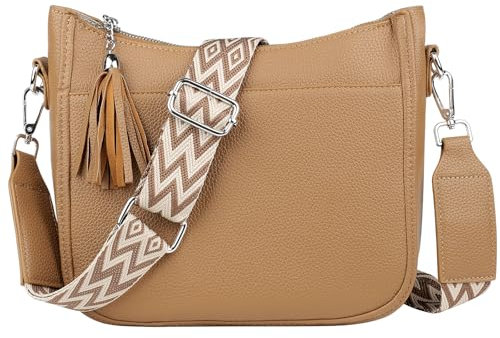 TaoQ C Umhängetasche Damen Leder Handtasche Damen Mittelgroß Crossbody Bag Damen Taschen mit Breitem Schultergurt Umhängetasche Damen Crossbody für Damen, Braun