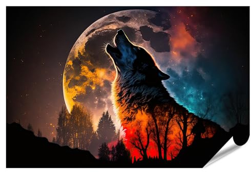islandburner Prime XXL Bild Poster Doppelbelichtung Heulender Wolf Silhouette Vollmondhimmel Premium Bilder Fotodruck