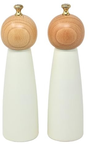 UNIQUE HOME LIVING 20cm Salt and Pepper Grinders Set of 2 Wooden Salt & Pepper Shakers, Manual Salt & Pepper Mills with Adjustable Coarseness - Cream