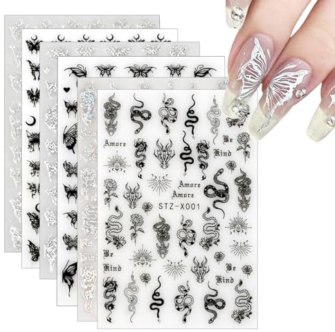 6 Blatt Nagel Sticker Set, Selbstklebend Schwarz Schlange Nagelaufkleber, Mond Sterne Nageldesign Sticker, Laser Schmetterling Nägel Aufkleber für Mädchen Frauen DIY Maniküre Dekorations