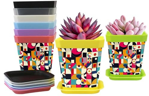Lot de 8 pots de fleurs en plastique pour l'intérieur, motif graphique géométrique pop art, mini semis, pot de pépinière avec palette, conteneurs de jardinage décoratifs modernes