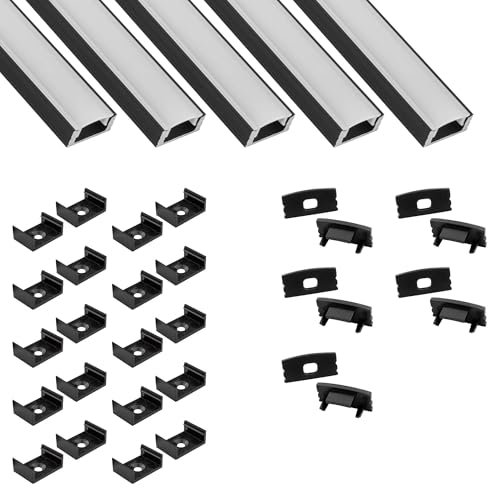 tktrading24 5x A17 LED Profil 2m - Schwarz + Abdeckung milky, Halter & Endkappen