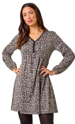Roman Stretch Jersey Dress for Women UK - Ladies Gathered Waist A Line Swing Skater Fit & Flare A Line Winter Autumn Knee Length V-Neck Casual Smart Cocktail Party Going Out - Beige - Size 10