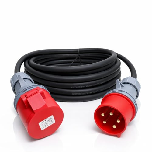 3 Phase 32A 5 Pin 415V Extension Lead 20m IP44 IEC 60309 3P+N+E Red H07RN-F Heavy Duty Rubber Cable PAT Tested 20 Metre