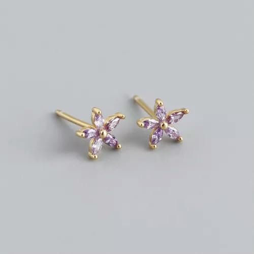 Orecchini Boho in Argento Sterling 925 con zirconi cubici e Fiore F1119-L - Oro con Pietra Viola
