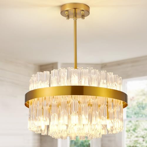 KUNYEEE Gold Kristall-Kronleuchter, bündig montierte Kristall-Deckenleuchte, runde Kronleuchter, Pendelleuchte für Wohnzimmer, Kücheninsel, Esstisch, Flur, G9 x 8 Leuchten, 40 cm