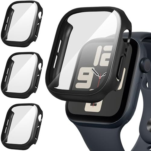 Suoman 3 Stück Hülle für Apple Watch Series 9/8/7 45mm Schutzhülle PC Ultradünne HD Hartglas Glas Kratzfest Displayschutz Case,Schwarz&Schwarz&Schwarz,45mm