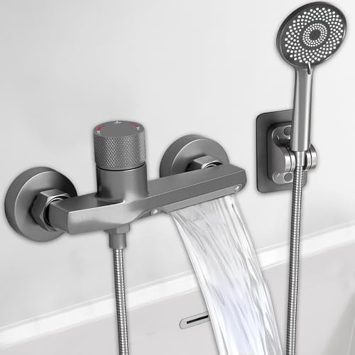 Rubinetto per vasca da bagno con doccetta a mano, Grifo de Bañera Cascada rubinetto a cascata, 3 Funciones ducha, tubo in acciaio inox da 1,5 m, Mezclador Ducha Montado en La Pared, Latón