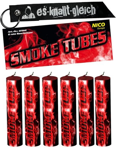 Rauchfackel Smoke Tubes im 6er Pack in Rot Blau Gelb Grün Orange Weiß Mix von NICO Europe mit Anhänger (Rot)
