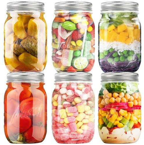 Glass Mason Jars 16oz (6-Pack) – Regular Mouth with Lids & Seal Bands | Airtight for Pickling, Canning & Food Storage | Ideal for Jams, Overnight Oats & Home Decor