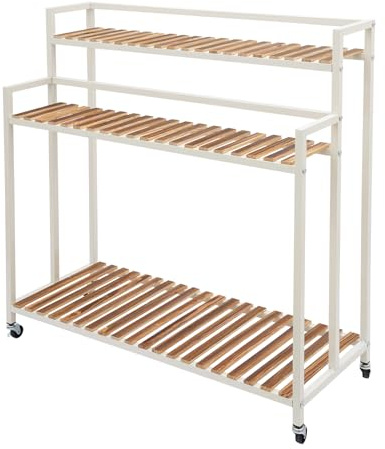 Akuoyiexemye 3-Etagen Pflanzenregal Bewegliches Pflanzentreppe Pflanzenständer mit 4 Rollen 100x40x102cm, Stabiles Metall Blumenständer für Balkon Garten Wohnzimmer (Weiß)
