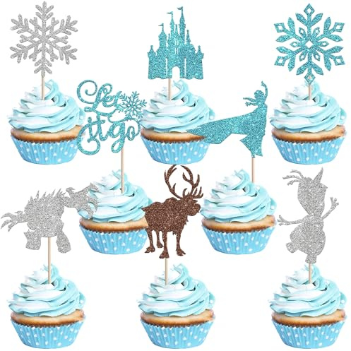 Xsstarmi 24 Pack Winter Frozen Cupcake Toppers Glitter Snowflake Ice Queen Elk Cupcake Picks for Winter Wonderland Theme Baby Shower Kids Birthday Christmas Party Cake Decorations Supplies