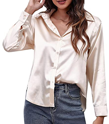 Camicia in raso da donna elegante a maniche lunghe in raso imitazione seta abbigliamento da donna alla moda maglietta primavera estate top manica girocollo casual elegante camicette, oro rosa, M