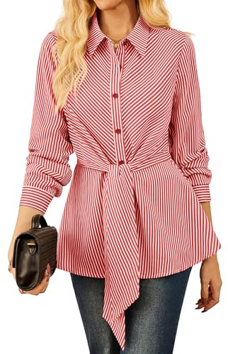 GRACE KARIN Ladies Button Down Work Shirt Long Sleeve Peplum Top Longline Tunic Loose Fit Collar Casual Business Blouse Red XXL