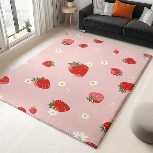 Generisch Teppich für Mädchen Kinder & Damen, Kinderzimmer Schlafzimmer & Wohnzimmer, Süßes Erdbeer Motiv Kawaii Stil, Weicher Flanell rutschfest Waschbar, 80 x 150 cm Rosa