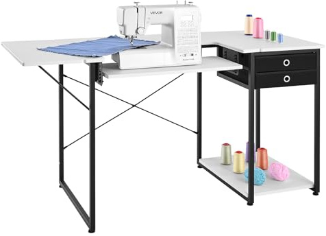 VEVOR Mesa de Costura con Tablero Plegable, Estante Ajustable, Patas de Acero y Cajón, para Ordenador, Estudio de Moda, Estudio de Arte, Institución Educativa, 1395 x 600 x 760 mm, Blanco y Negro