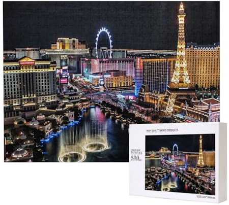 500 Teile Puzzle mit Aufbewahrungsbox, Las Vegas Nachtansicht, bedrucktes Holzpuzzle 52 x 38 cm, für Erwachsene, Kinder, Familie, lustiges dekoratives Spiel