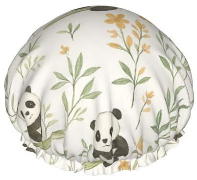 Bonnet de douche imperméable à double couche pour femme, motif dessin animé, motif panda, bambou et fleurs, pour cheveux longs