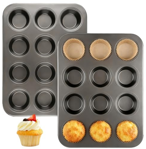 Artcochan 2 Pack Muffin Pan with 100 Cupcake Liners, 12 Cup Nonstick Cupcake Pan for Baking, Carbon Steel Baking Supplies Muffin Tin