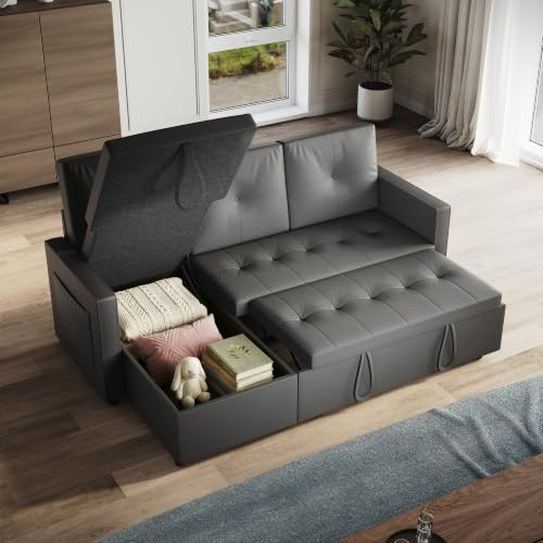 ELEGANT L-Shaped Corner Sofa Bed with Pull Out Sectional, 3 Seater Convertible Futon Settee with Hidden Storage and Side Pocket for Living Room, Dark Gray
