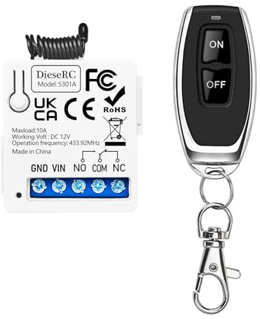 DieseRC 433Mhz Universal DC 12V 1CH Interruptor de control remoto inalámbrico Módulo receptor de relé RF con 1 transmisores, Relé de Contactos sin Potencial