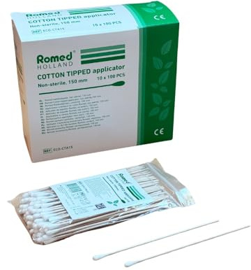 Romed Wattestäbchen 150 mm unsteril, einseitig, 100 Stück – Pflegestäbchen für medizinische Anwendungen, Holzstab, ECO-CTA15