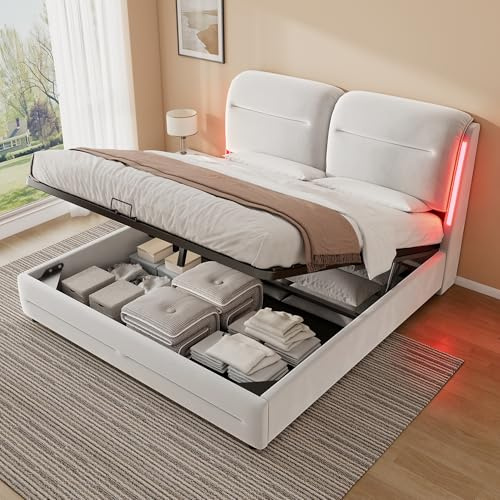 ZUUYEE Doppelbett Polsterbett 160x200 mit Stauraum und LED, Hydraulische Bett mit Kopfteil, Bettgestell mit Metallrahmen Bettkasten und Lattenrost, Samt, Beige, Bett 160x200, ohne Matratze