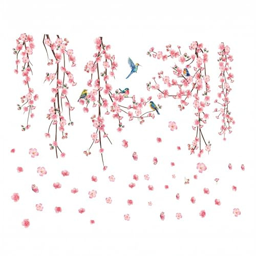 Large Pink Flower Wall Stickers Cherry Blossom Tree Branch Floral | Bedroom Decor, Living Room Decor, TV Background, Wall Decals Mural