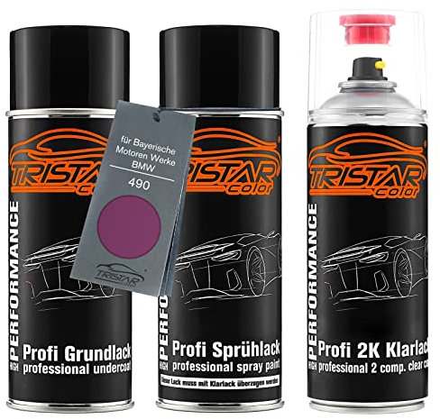 TRISTARcolor Autolack 2K Spraydosen Set für Bayerische Motoren Werke/BMW 490 Lila Metallic Grundlack Basislack 2 Komponenten Klarlack Sprühdose
