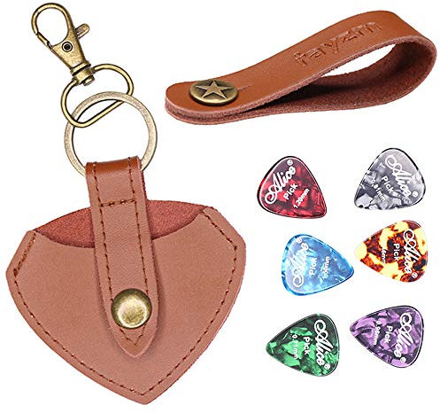 Rayzm custodia portachiavi in pelle per plettri, con 6 plettri per chitarra, gancio per tracolla per chitarre acustiche/elettriche/basso