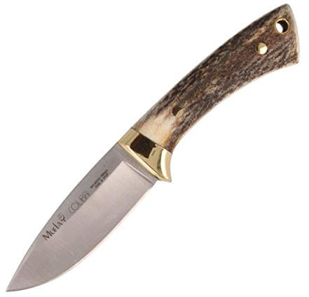 Muela Cuchillo Colibri COL-7A hoja de acero MoVa de 7 cm y empuñadura de asta de ciervo para Caza, Pesca, Supervivencia y Bushcraft Realizado en Ciudad Real + Portabotellas de regalo