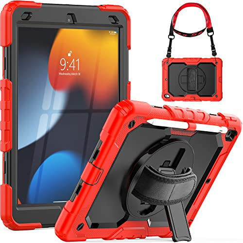 SEYMCY for iPad 9th/8th/7th Generation Case 10.2 inch, Shockproof Sturdy Cover with 360° Rotating Hand Strap & Stand, Screen Protector, Shoulder Strap, Pen Holder for iPad 9/8/7 gen 2021~2019, Red