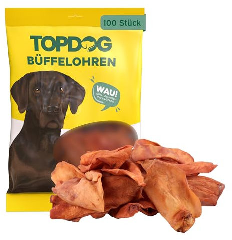 Topdog Büffelohren für Hunde 100 Stück - Wie Rinderohren - Ganze getrocknete Rinderohren für Hunde ohne fettige Muschel - Knabberohren mit Kauspaß, Genuss und Pflege