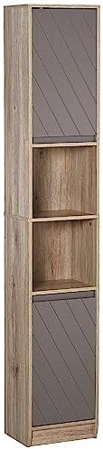 HOMCOM Narrow Bathroom Cabinet, Slim Bathroom Storage Unit with Open Compartment, Freestanding Storage Cupboard with Adjustable Shelves for Small Spaces, 30 x 24 x 170 cm, Grey and Oak
