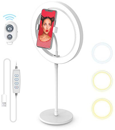 DigiPower 10 Ringlicht mit Standfuß, 3 Beleuchtungsmodi und 10 Helligkeitsstufen, Smartphone-Halterung (iOS/Android), kabellose Fernbedienung, für Make-Up, YouTube, TikTok und Vlogging DP-VRLK10