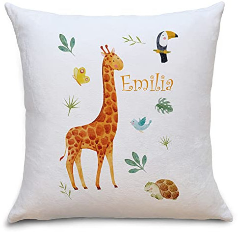 OWLBOOK Giraffe Safari Flauschige Kissenhülle mit Spruch Personalisiert mit Namen Geschenke Geschenkideen zur Einschulung für Mädchen oder Jungen zum Geburtstag